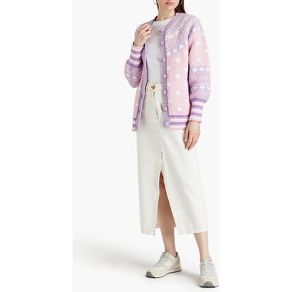 LoveShackFancy Amalo Boyfriend Cardigan Sweater Macaron Pink heart bow size XL - Picture 3 of 16